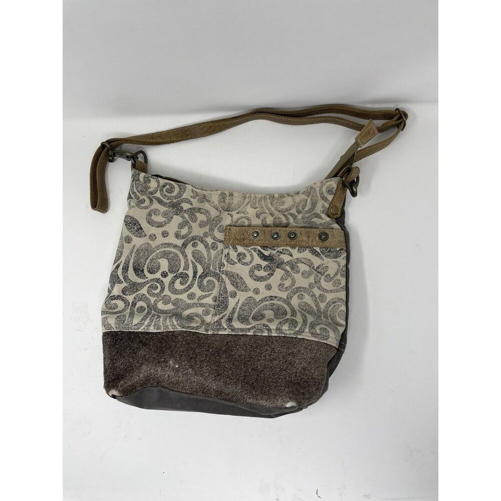 MYRA Purse Canvas Leather Cowhide Shoulder Bag Floral Gray Tan‎